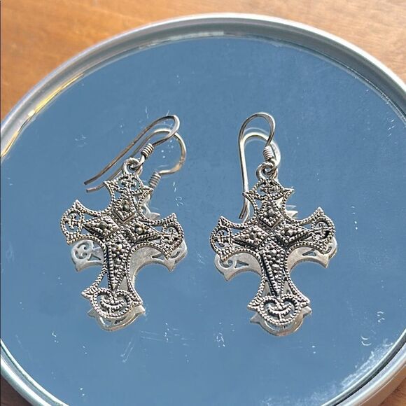 Vintage 925 Silver Cross Drop Wire Earrings - Picture 1 of 4